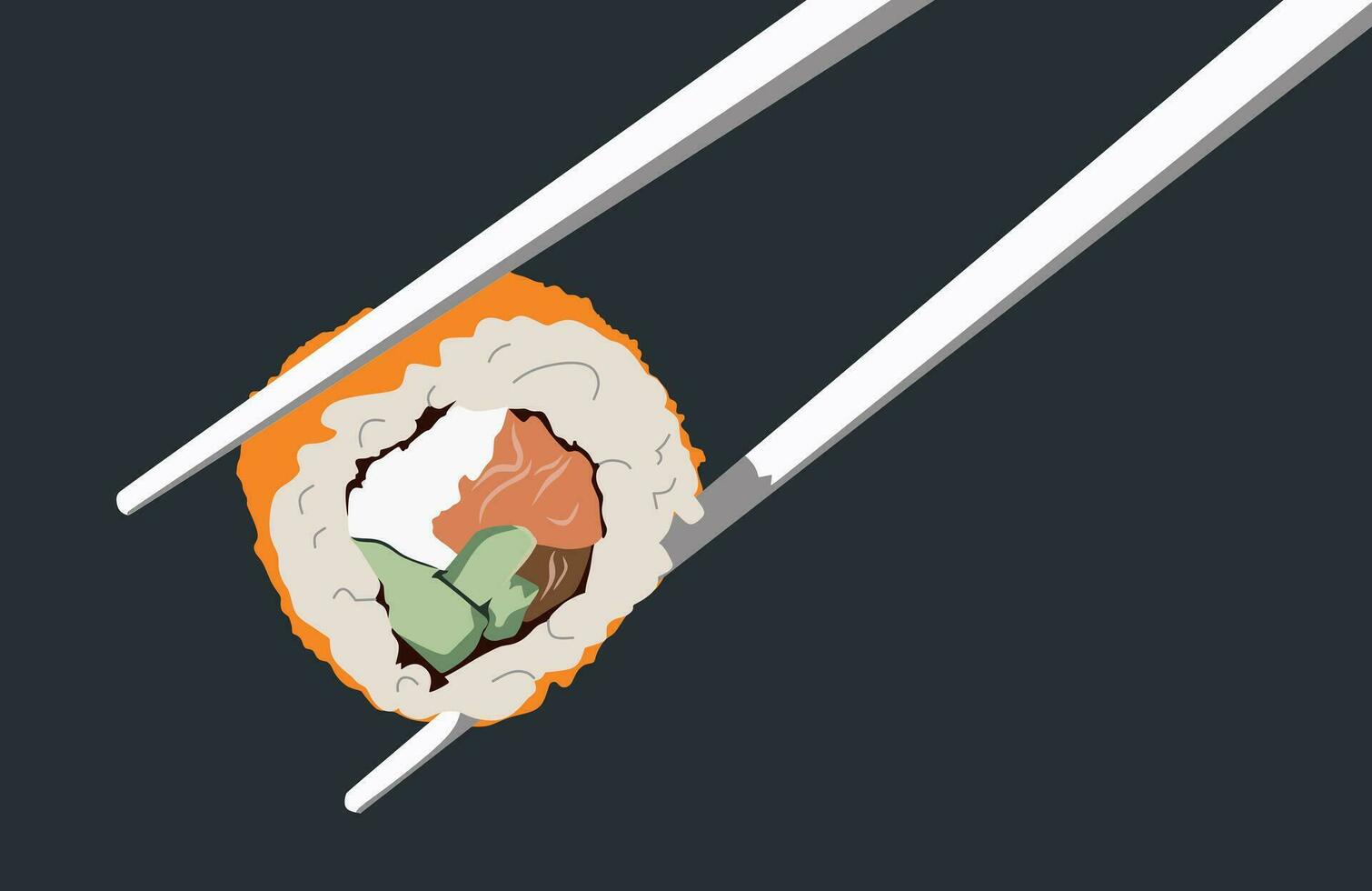 California roll with salmon in chopsticks on dark background vector
