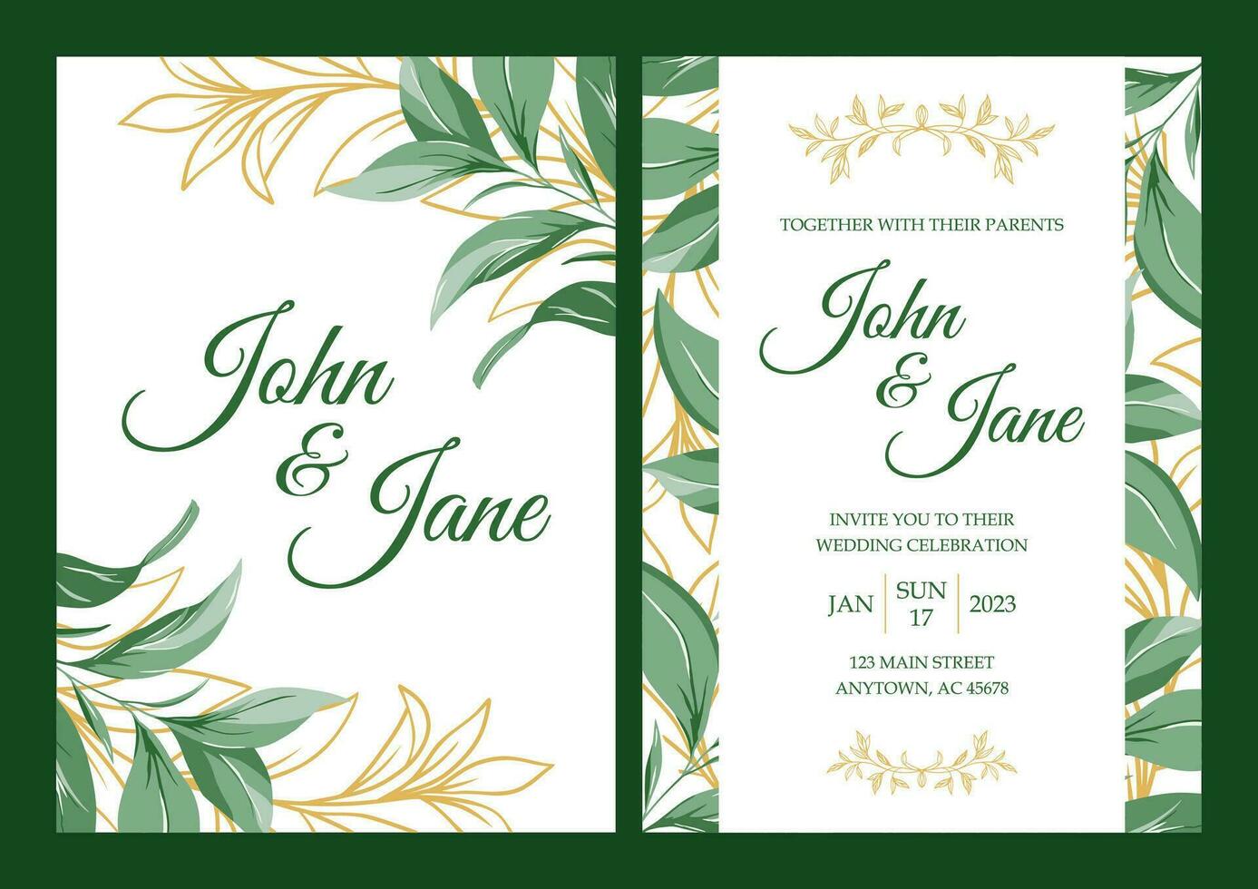 Elegant wedding invitation desing on white background with green and gold branches vector