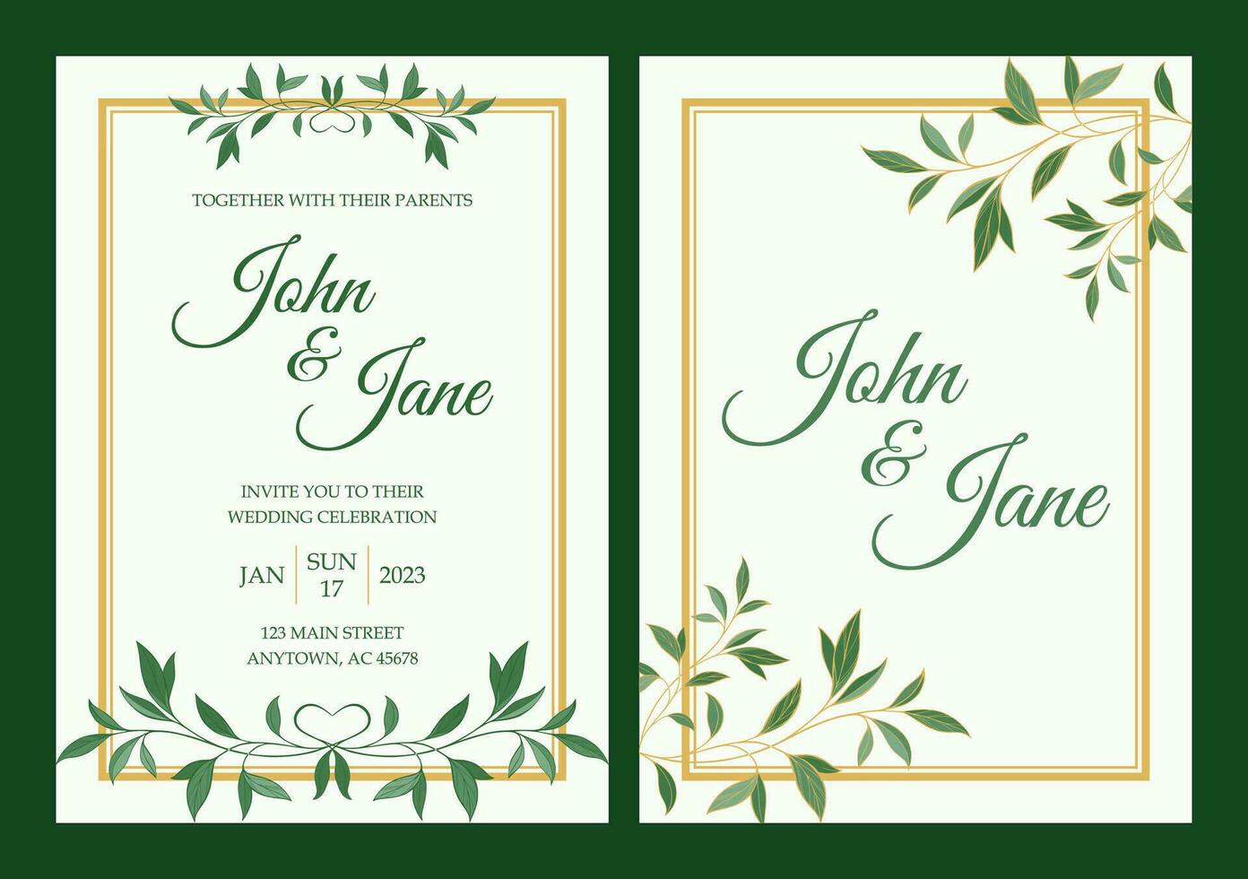 elegante Boda invitación diseño en ligero verde antecedentes con verde y oro ramas vector