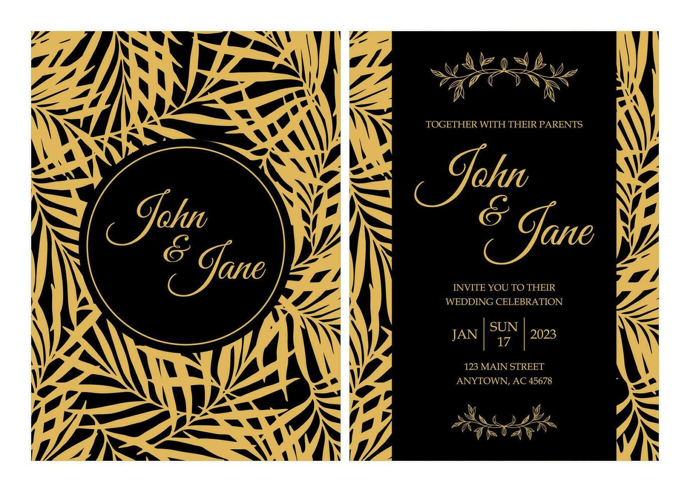 Elegant wedding invitation desing on black background with gold branches vector