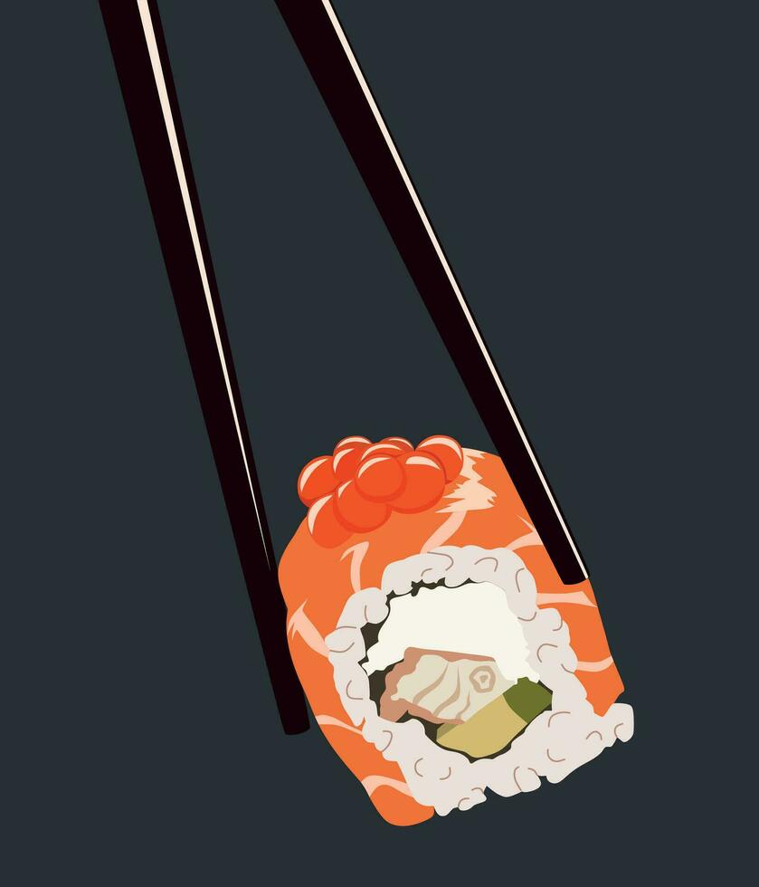 Sushi roll with salmon and caviar in chopsticks on dark background vector