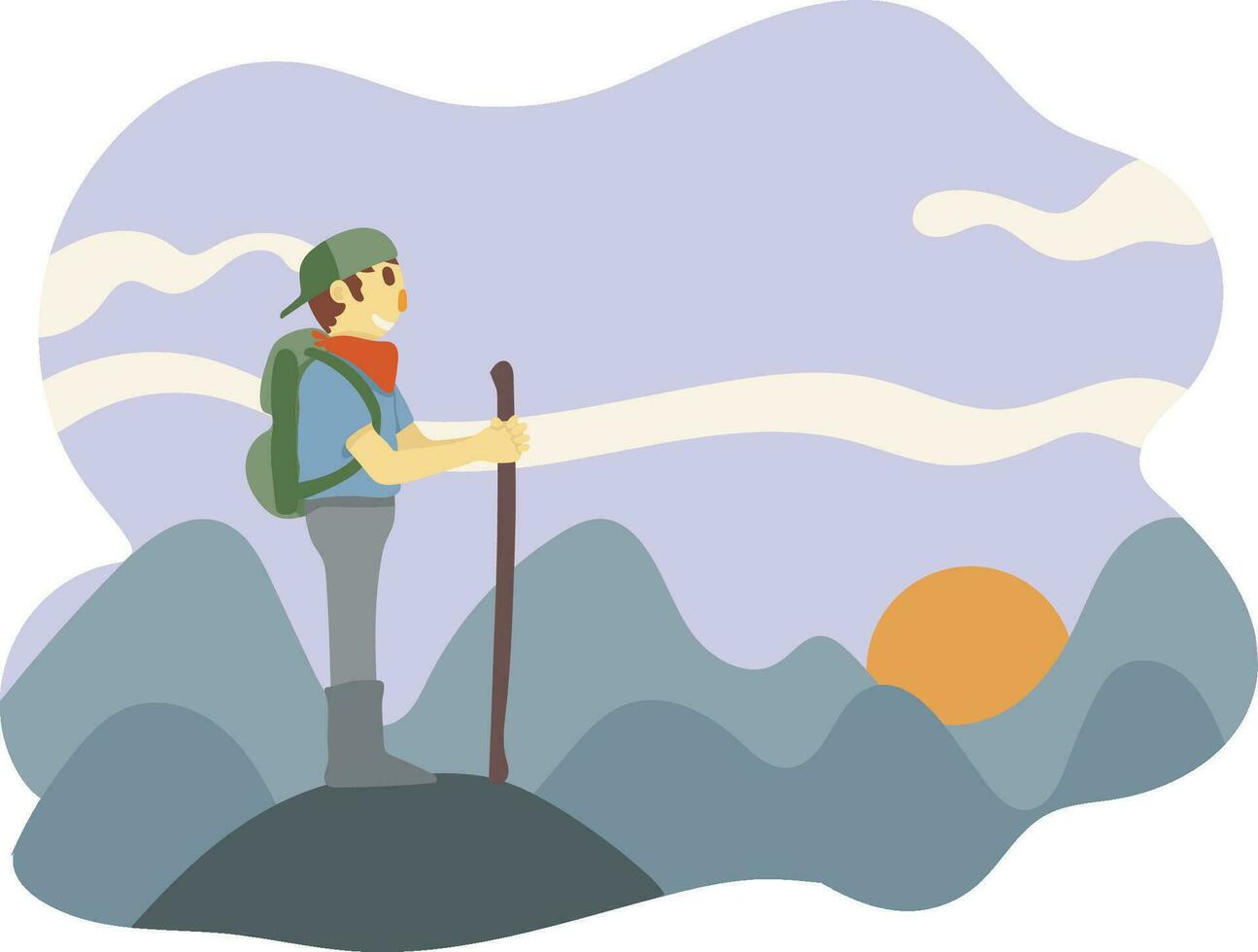 a man standing at the top of a mountain flat character illustration copyspace vector