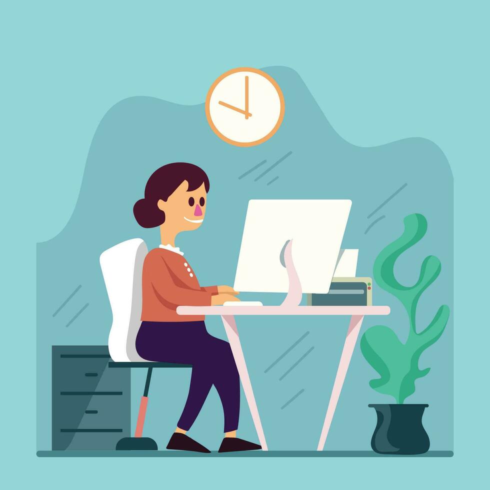 a woman working on her computer flat illustration copyspace vector