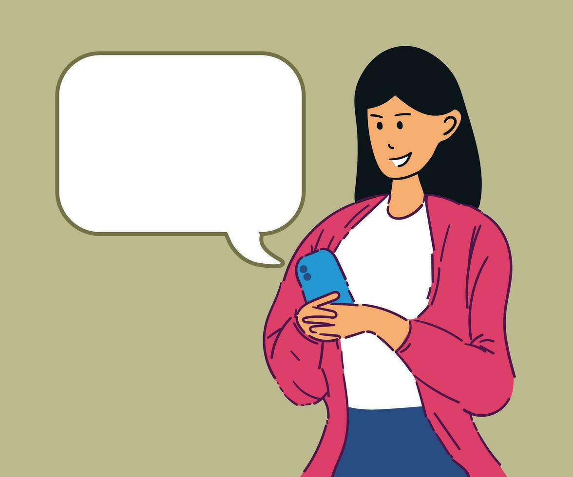 a woman texting hand drawn character flat copyspace illustration vector