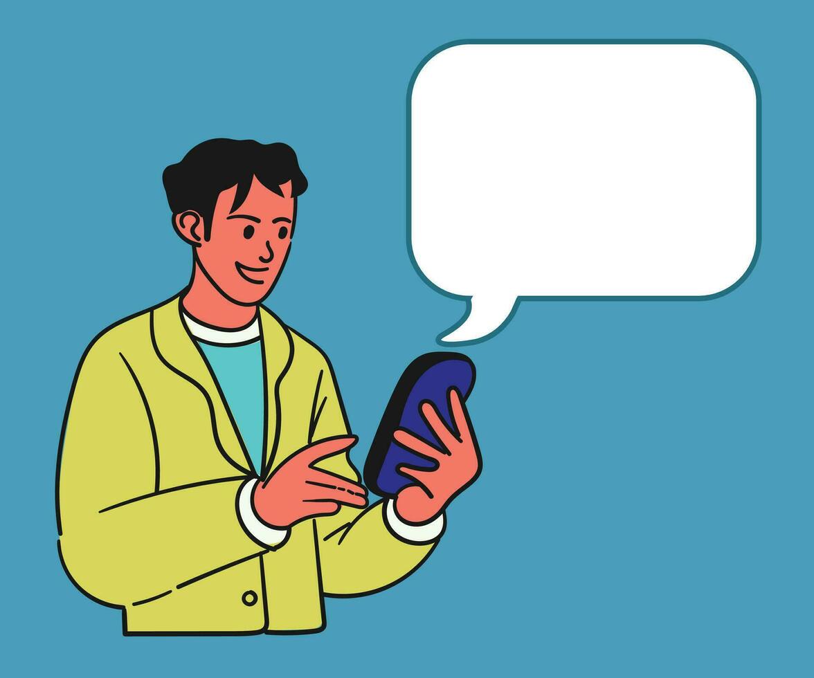 a man texting hand drawn character flat copyspace illustration vector