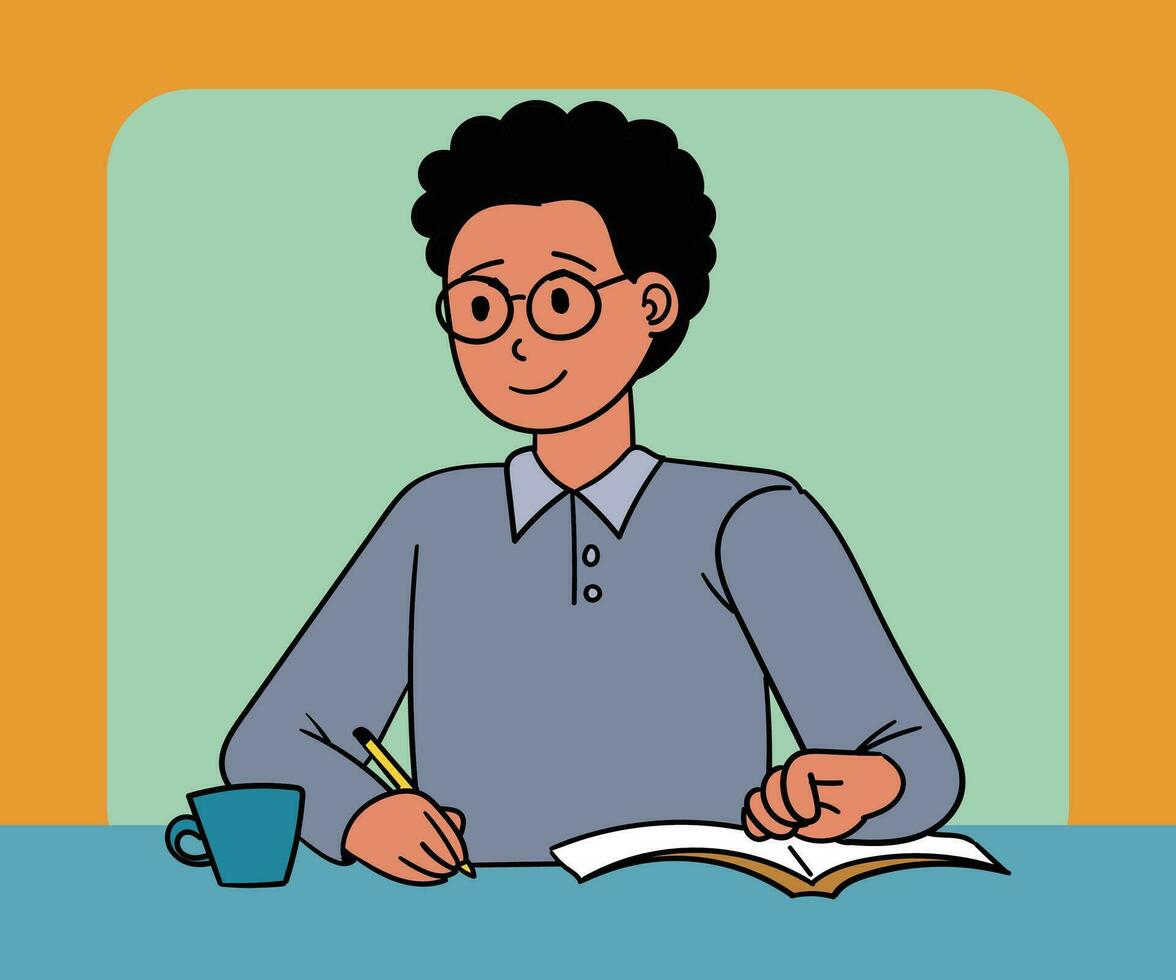 a male student studying flat illustration vector