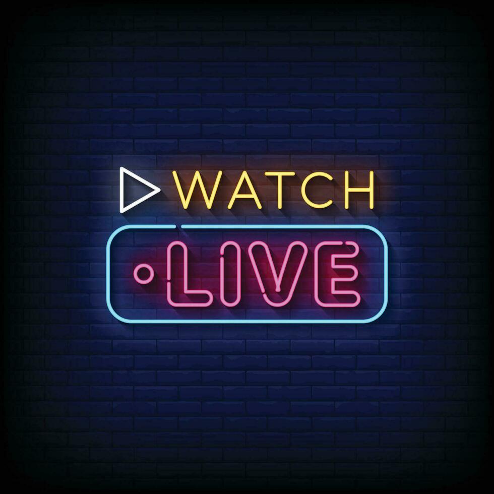 Neon Sign watch live with brick wall background vector