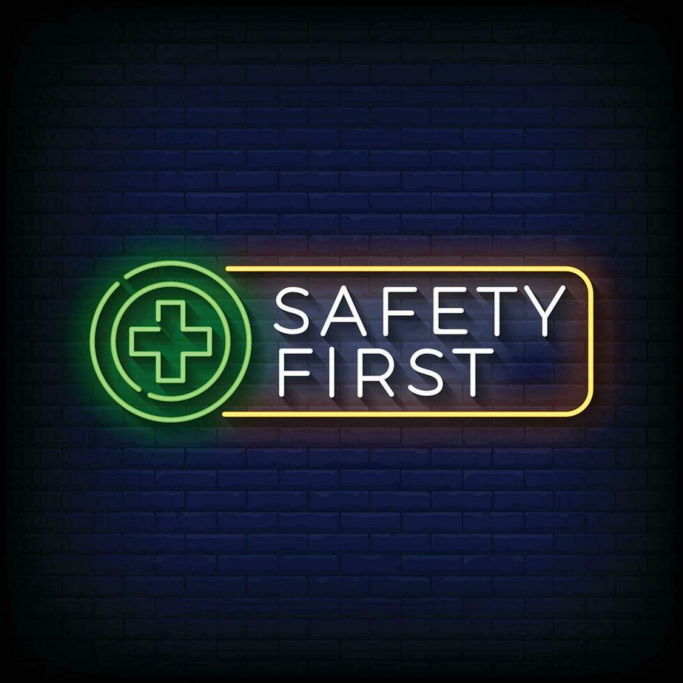 Neon Sign safety first with brick wall background vector