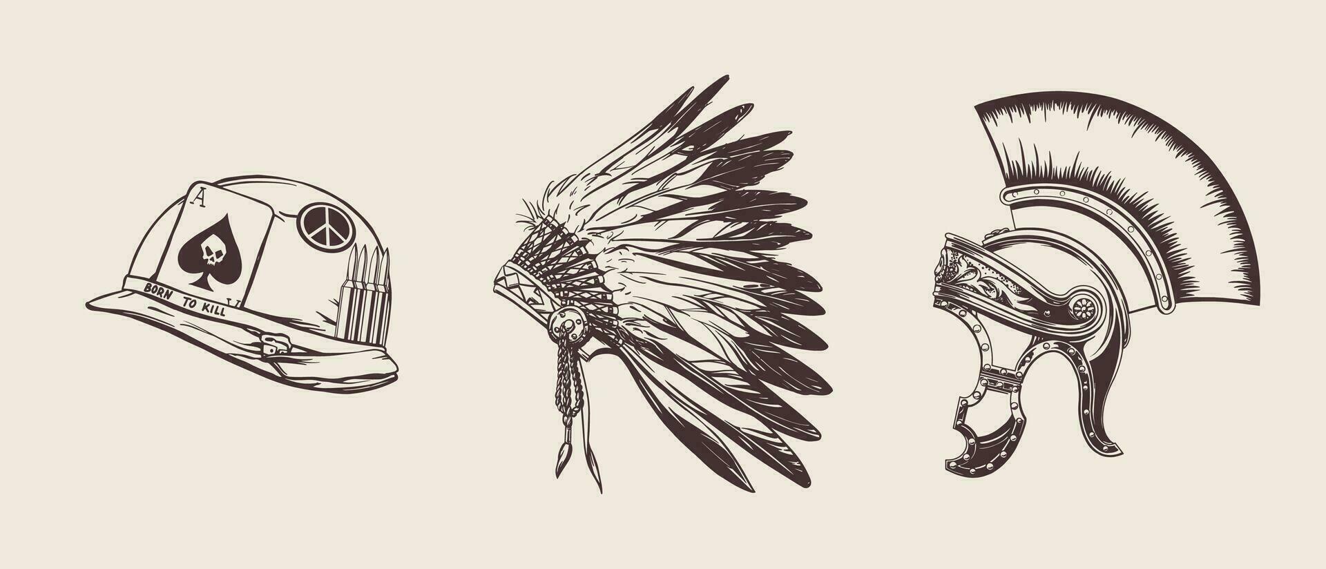 A set of headdresses of warriors from different times and countries in the hand drow style for printing and design.Vector illustration. vector