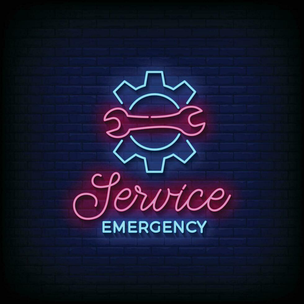 Neon Sign service emergency with brick wall background vector