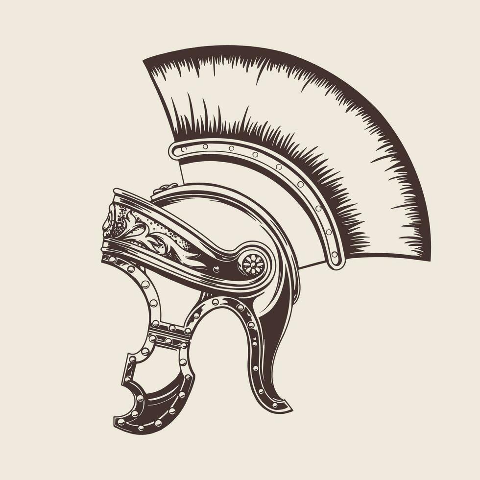 Hand drawn style gladiator helmet on a beige background for print and design. Vector illustration.