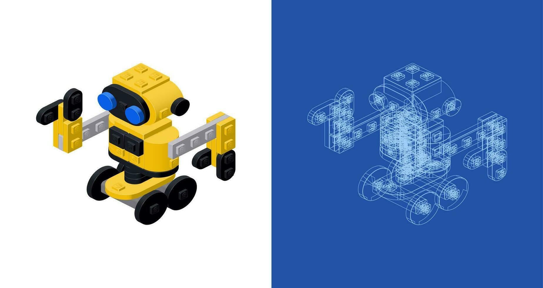 Set of yellow robot with a project assembled from plastic blocks in isometric style for print and design. Vector illustration.