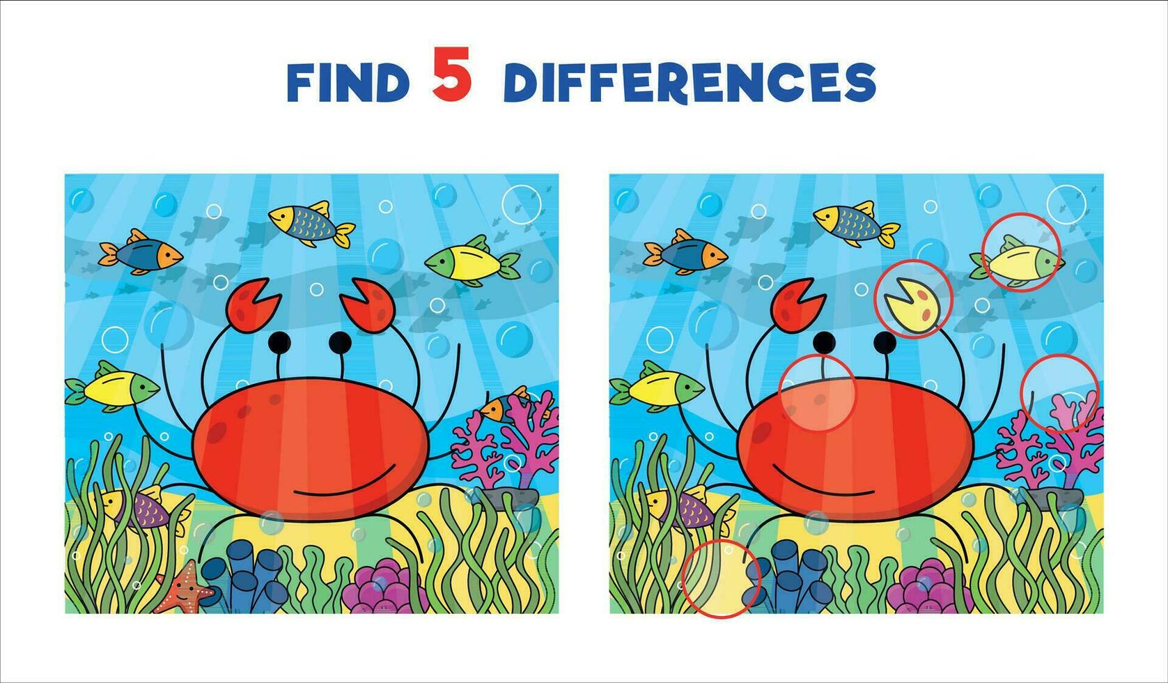 Find five differences, vector illustration for children with a crab in the water, fishes and corals.