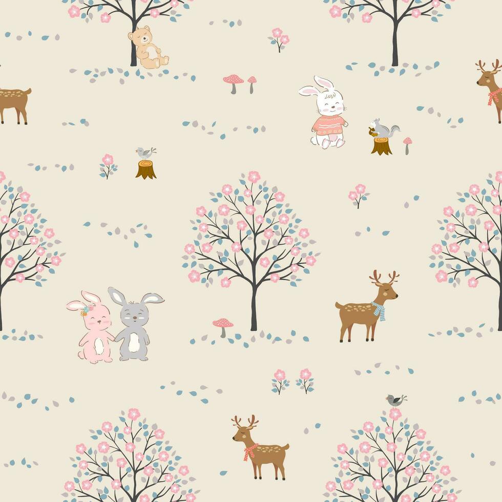 Seamless pattern with cute cartoon animals happy on spring forest,design for fabric,textile,web design,print or kid product vector