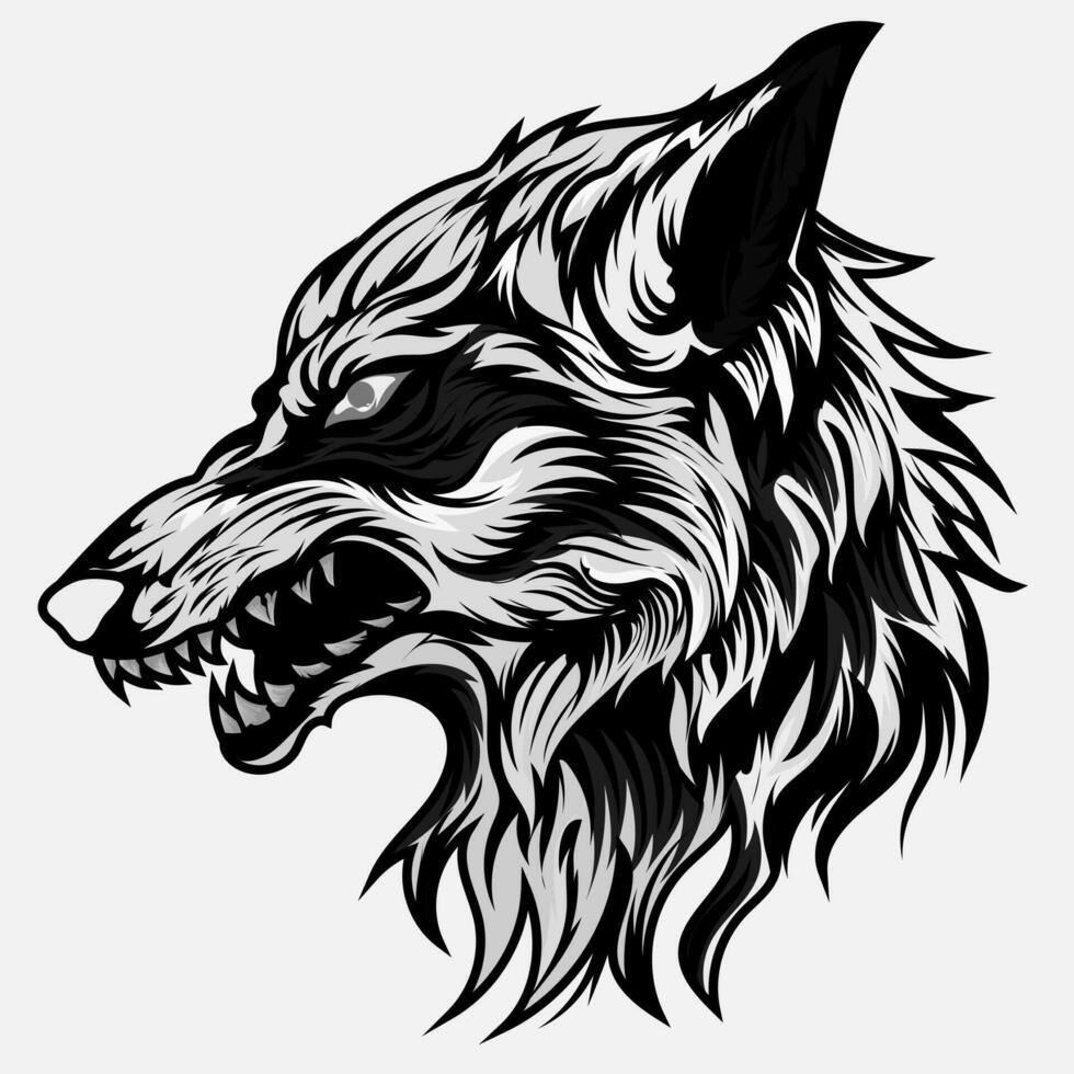 head ferocious wolf aggressive roaring, outline silhouette on a black background for tattoos and tshirt design vector