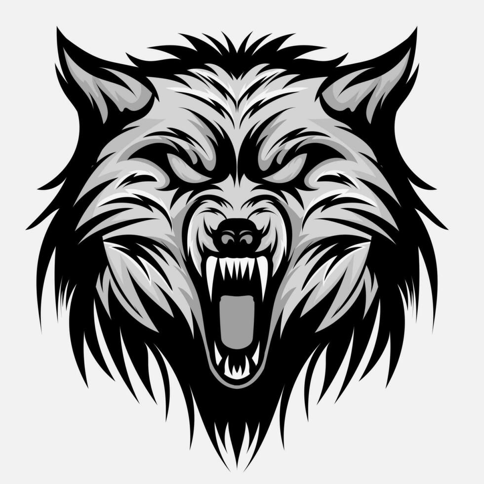 head ferocious wolf aggressive roaring, outline silhouette on a black background for tattoos and tshirt design vector