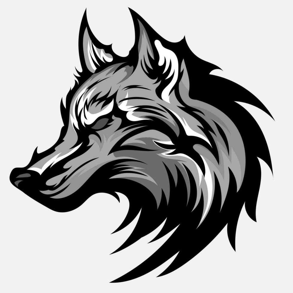 head ferocious wolf aggressive roaring, outline silhouette on a black background for tattoos and tshirt design vector