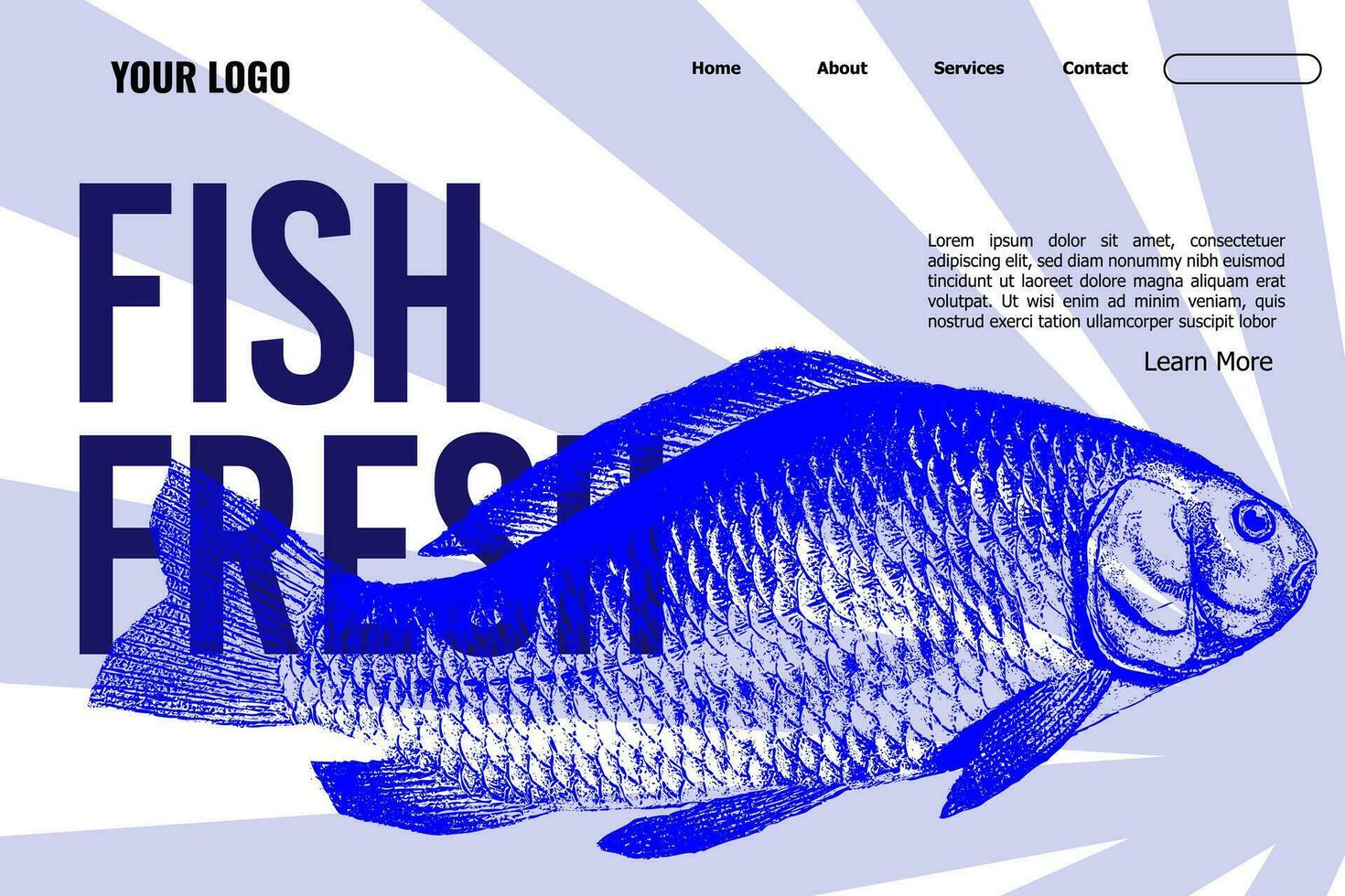 Buy Fish online in shop, fresh and frozen fish delivery and order in store on website with information of product. Dieting and nutrition, meal and nourishment. Monochrome vector in flat style