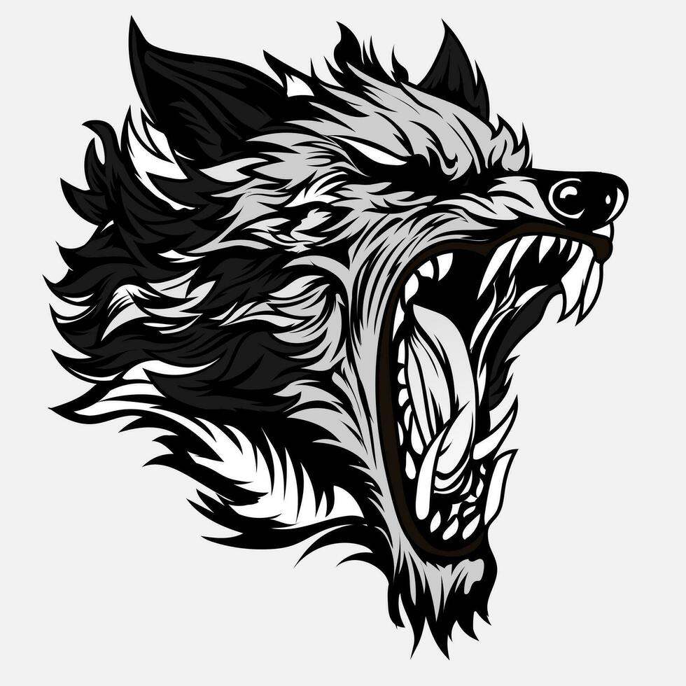 head ferocious wolf aggressive roaring, outline silhouette on a black background for tattoos and tshirt design vector