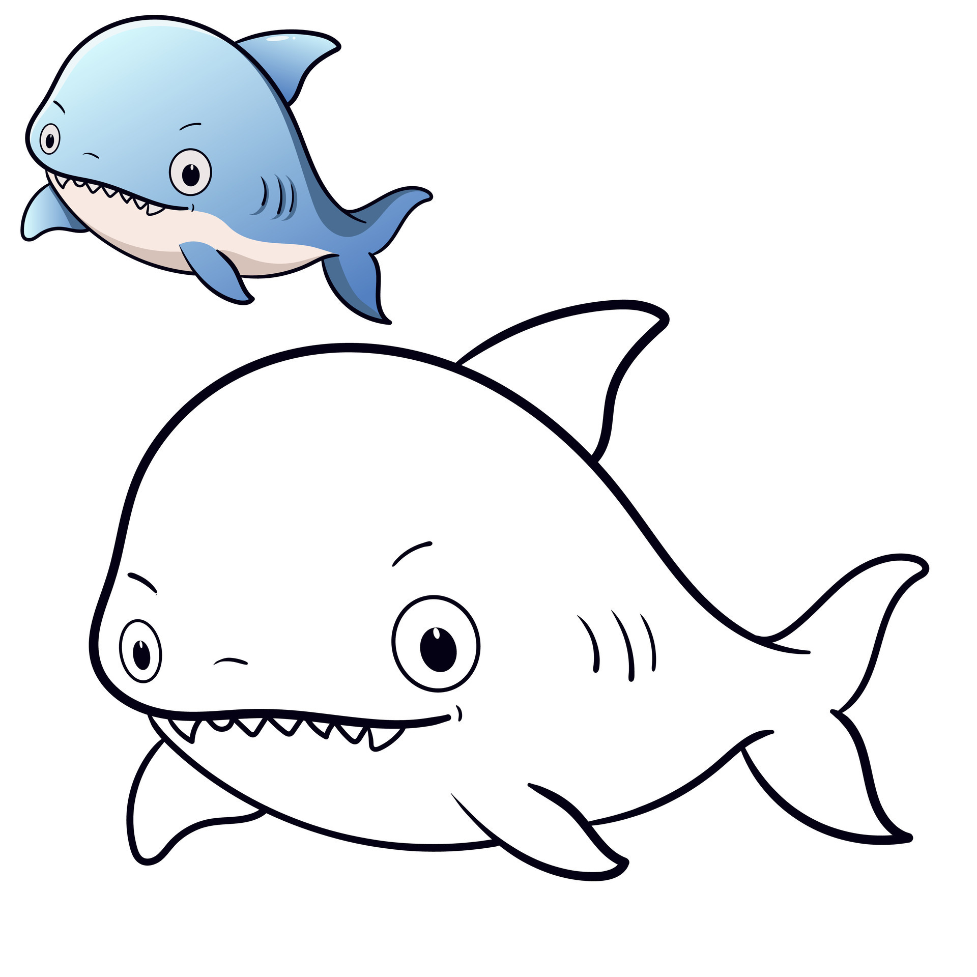 Cute baby Shark coloring page. Black and white cartoon illustration for