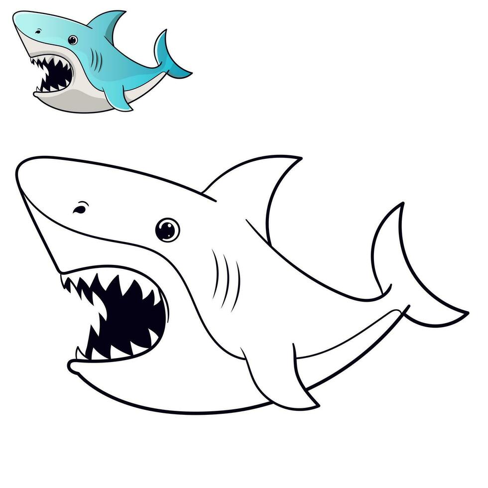 Cute baby Shark coloring page. Black and white cartoon illustration for simple design or coloring books education vector