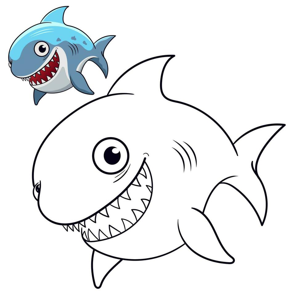 Cute baby Shark coloring page. Black and white cartoon illustration for simple design or coloring books education vector