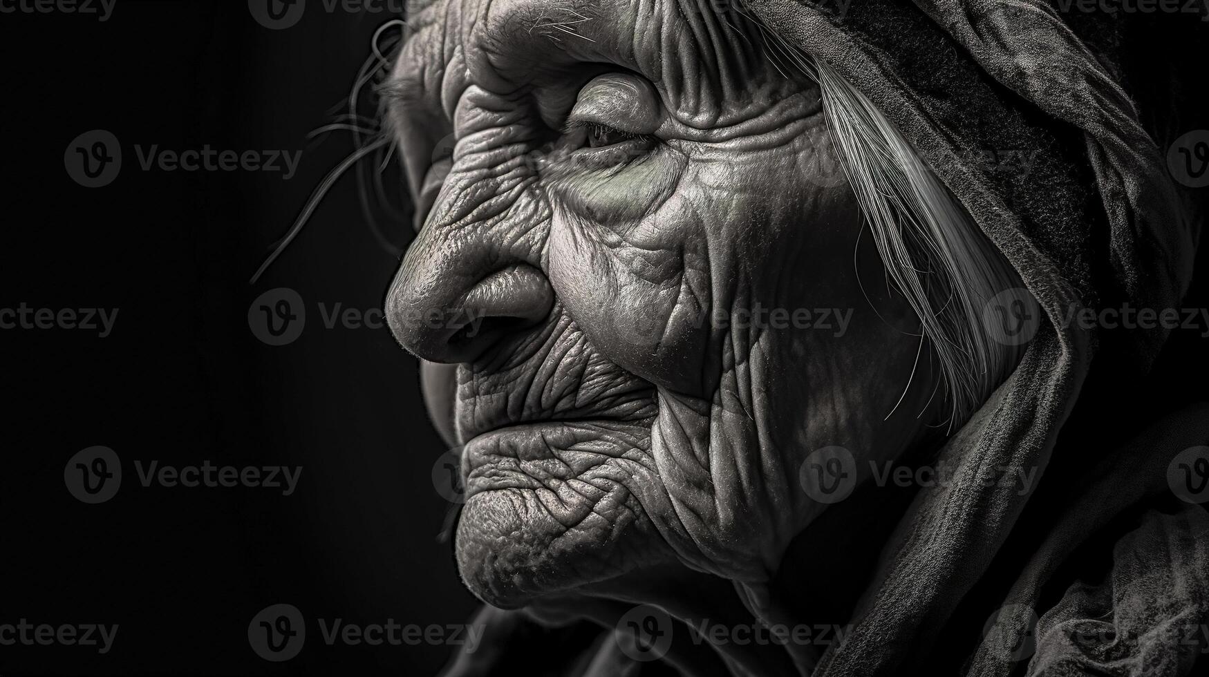 the concept of old people, a portrait of a grandmother with a wrinkled face, monochrome made with photo