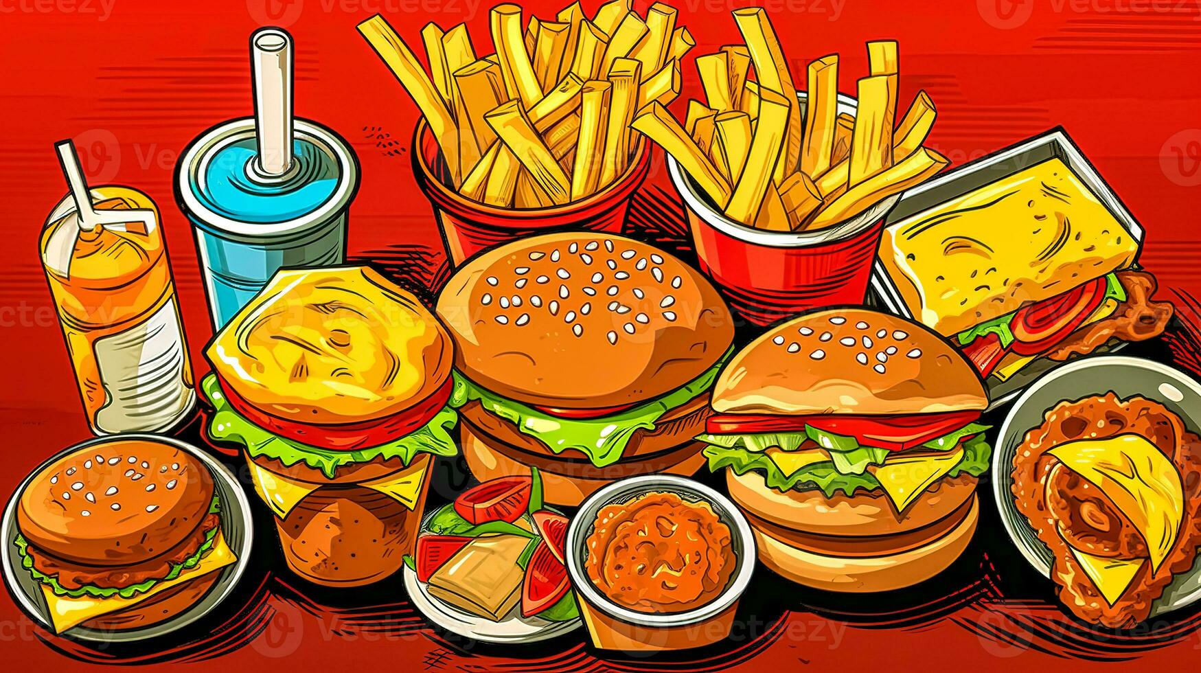 dibujos animados rápido basura alimento, insalubre comidas contribuyendo a obesidad, hecho con generativo ai foto