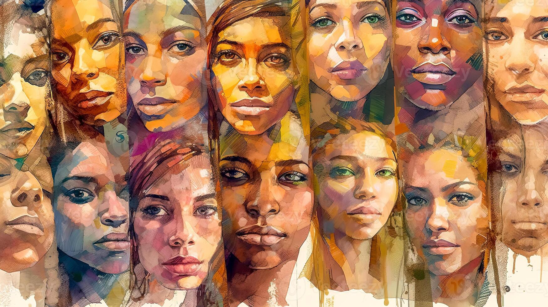 portrait collage of people of different cultures and with different emotions, made with Generative AI photo