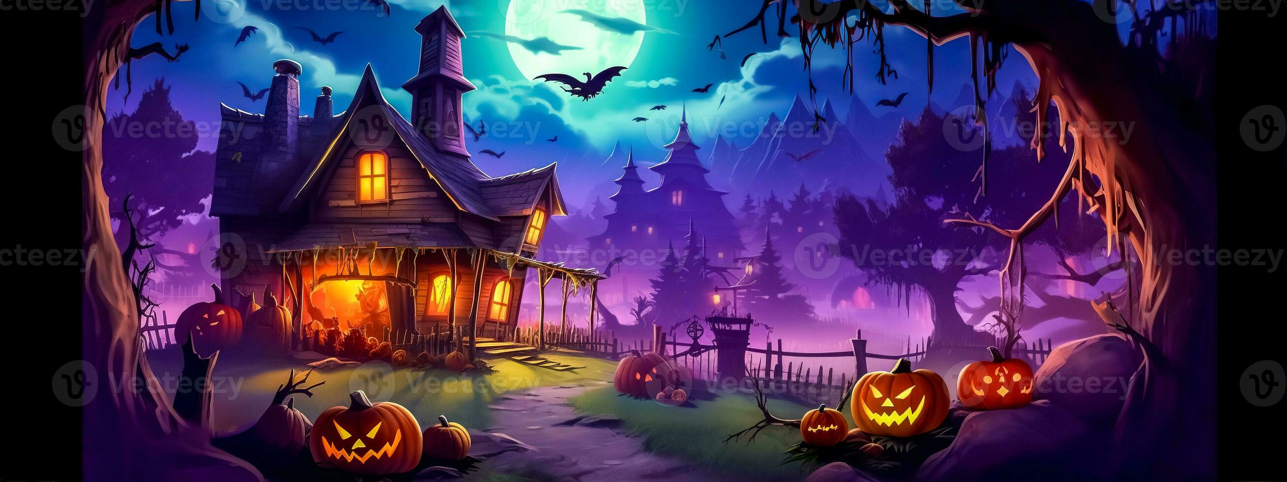 crazy Halloween, carved pumpkins, scary characters and bats in a mysterious dark forest, banner made with Generative AI photo