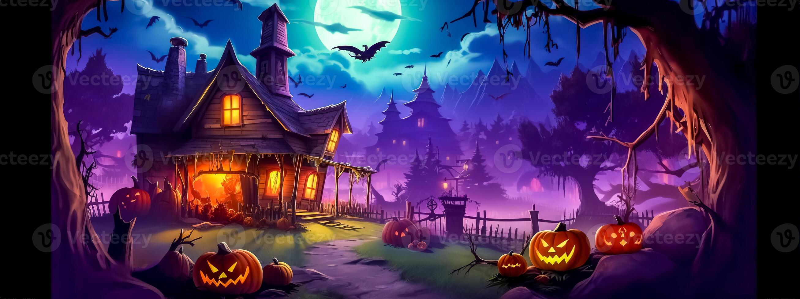 crazy Halloween, carved pumpkins, scary characters and bats in a mysterious dark forest, banner made with Generative AI photo