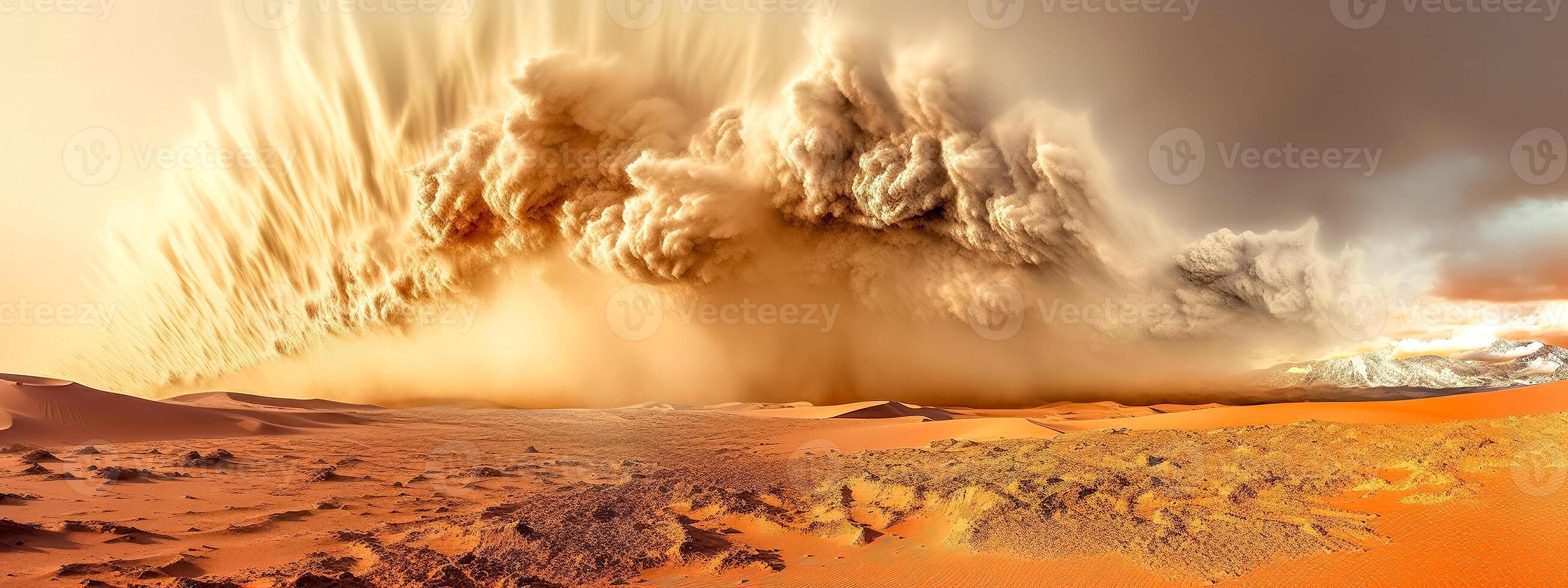 cloud of sandstorm in the desert, strong wind and sand, banner made with photo