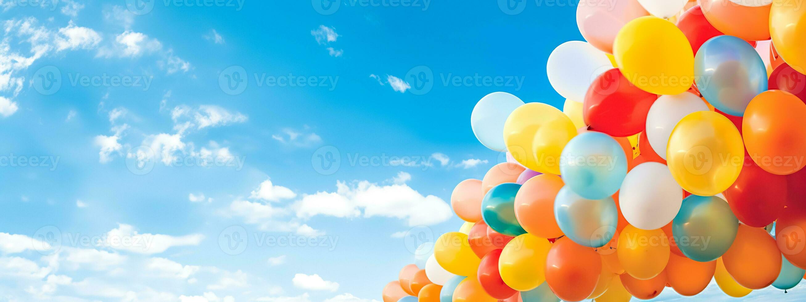 vistoso globos lleno con helio en el aire en un azul cielo, bandera con Copiar espacio, hecho con generativo ai foto