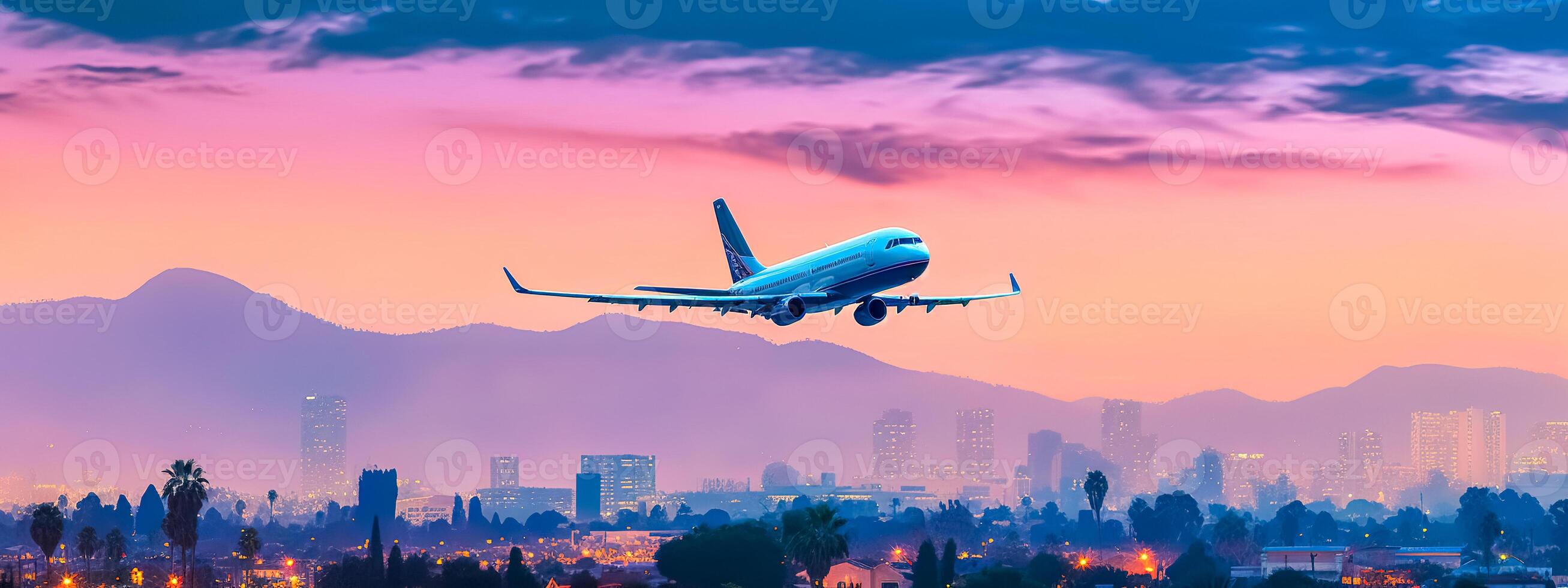 a plane taking off into the clouds with a city skyline in the background, made with photo