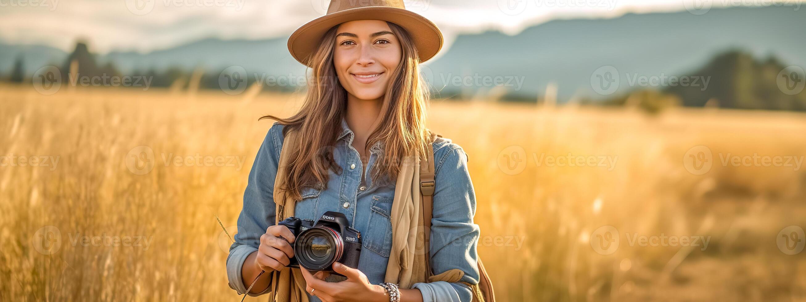 mujer fotógrafo con cámara en naturaleza, fotografía día, bandera con Copiar espacio hecho con generativo ai foto