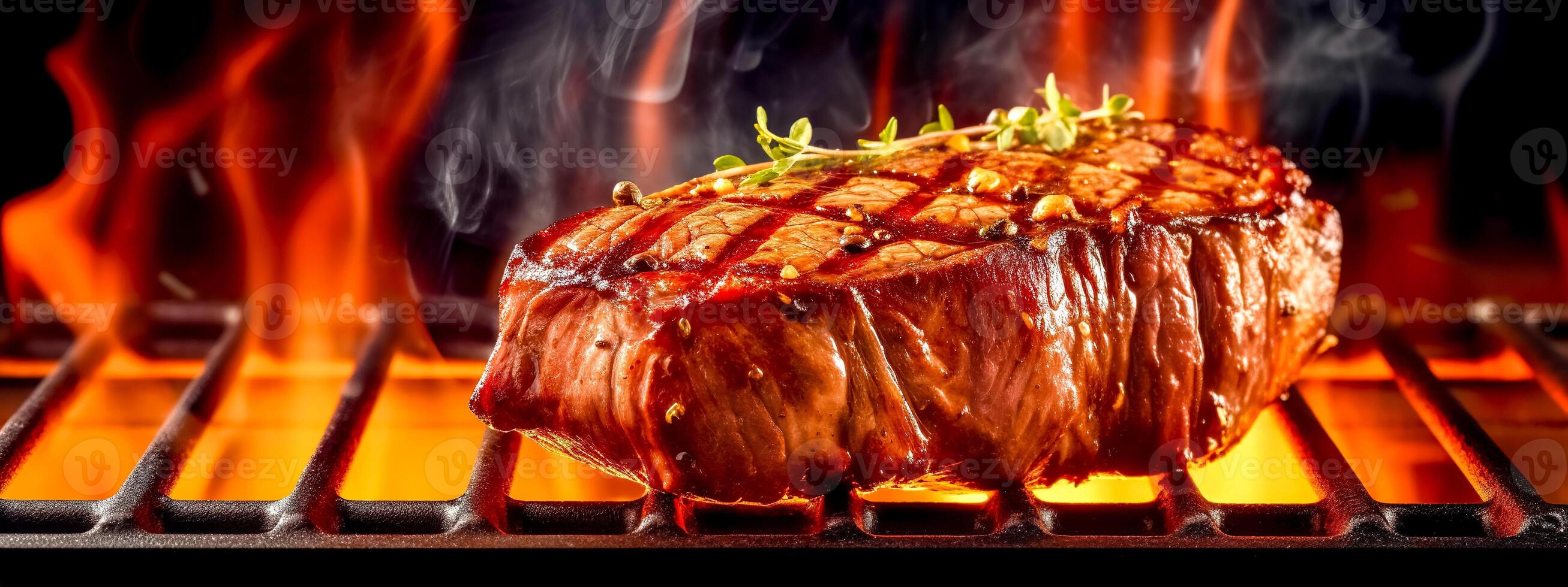 beef steak on the fire of a hot grill, barbecue party, banner made with