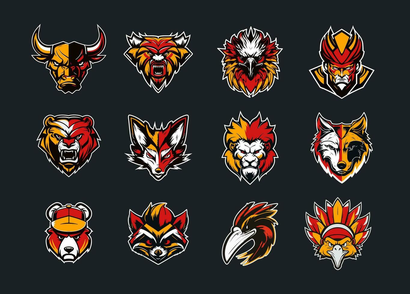 Sports team logo set, cartoon angry animal heads emblem collection, wild animal face labels bundle for modern esport logo. Vector illustration