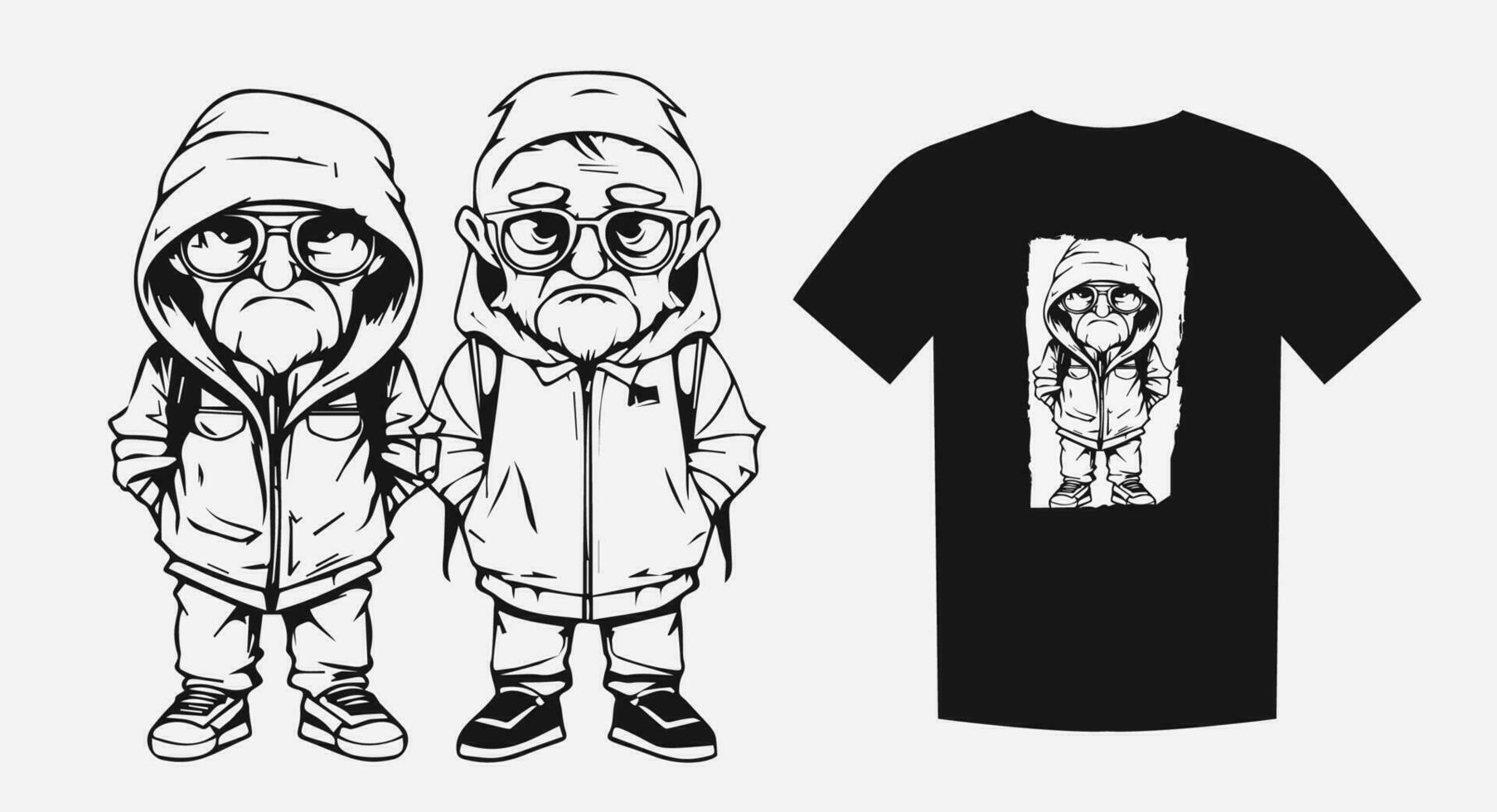 Monochrome cartoon of two sad elderly gentlemen in fashionable attire. Ideal for prints, shirts, and logos. Expressive and stylish. Vector illustration.