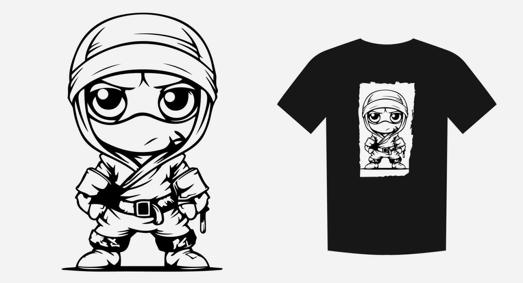 Playful ninja child in a monochrome cartoon style. Ideal for prints, shirts, and logos. Expressive and adventurous.. Vector illustration.
