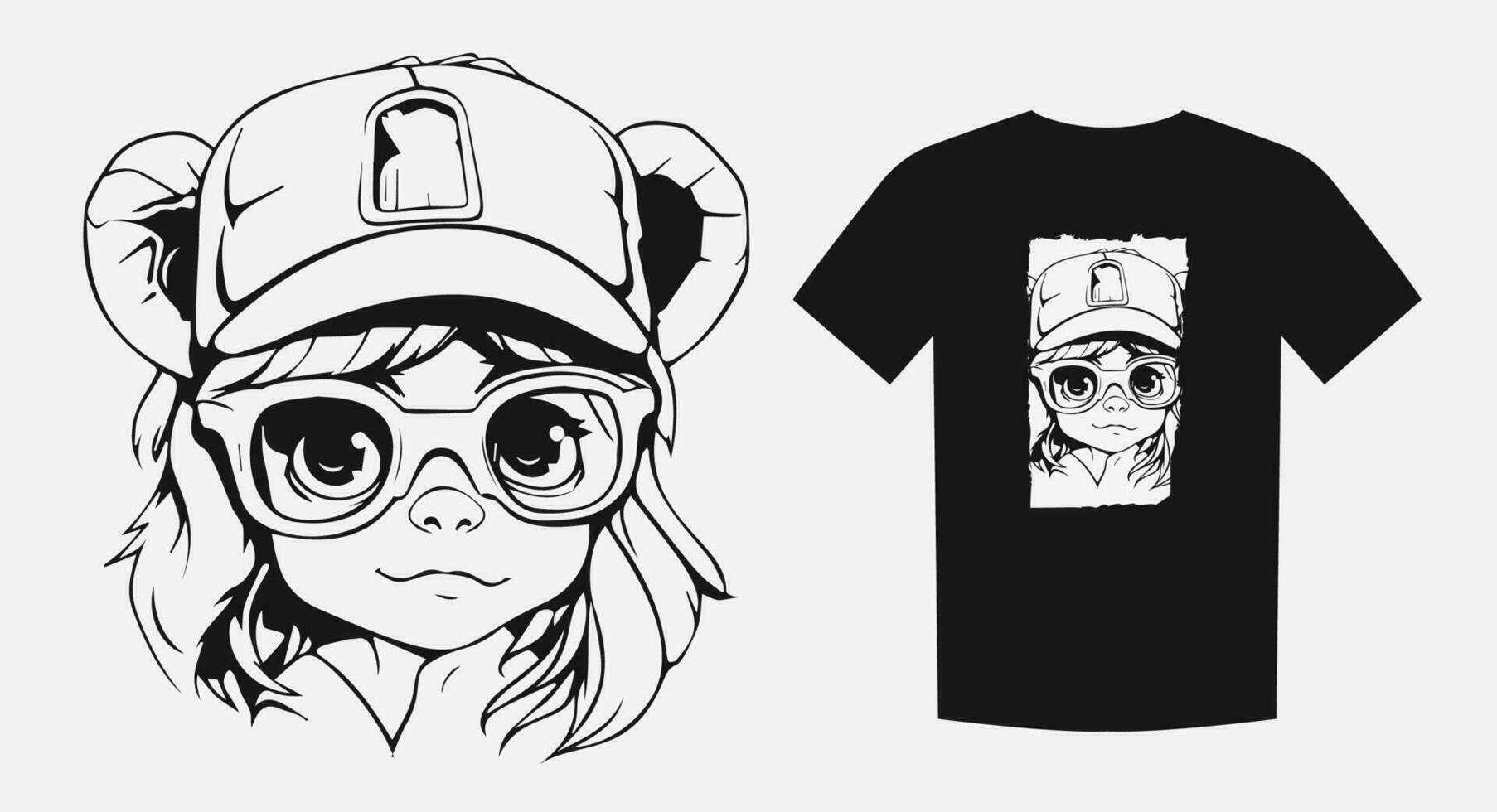 Vintage-style cartoon portrait of a cute girl in a cap with earflaps and glasses. Perfect for prints, shirts, and logos. Expressive and nostalgic. Vector illustration.