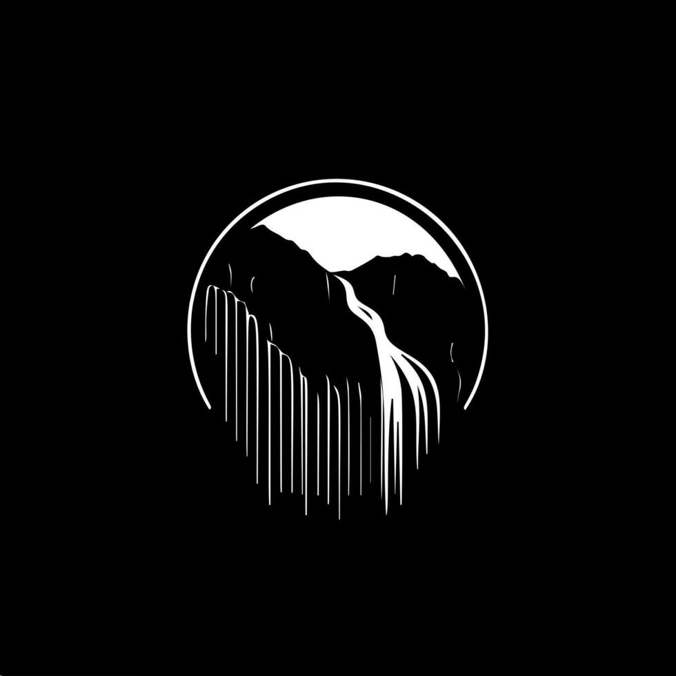 Minimalistic logo template, white icon of waterfall silhouette on black background, modern logotype concept for business identity, t-shirts print, tattoo. Vector illustration