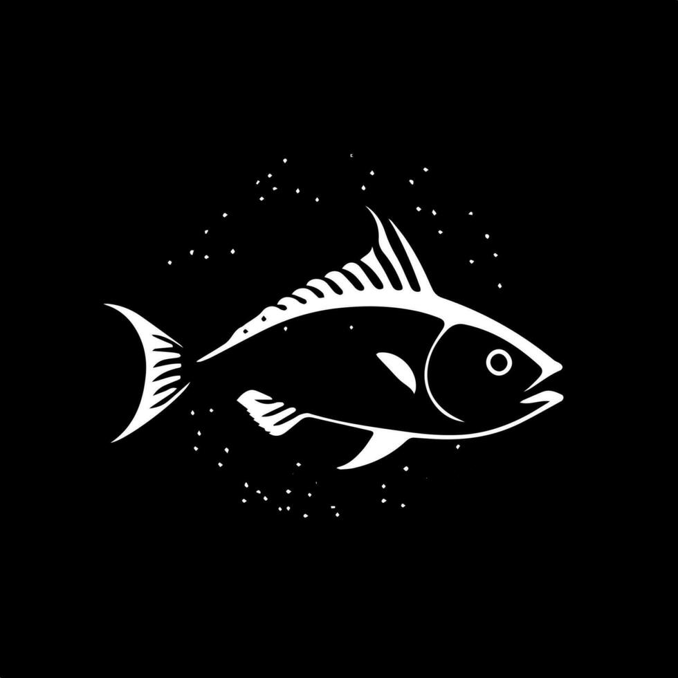 Minimalistic logo template, white icon of fish silhouette on black background, modern logotype concept for business identity, t-shirts print, tattoo. Vector illustration