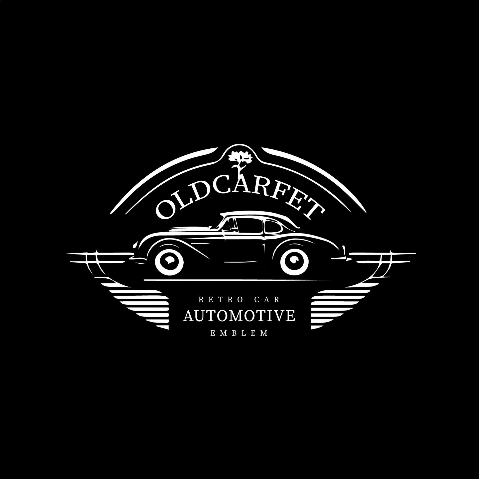 Minimalistic logo template, white icon of old car silhouette on