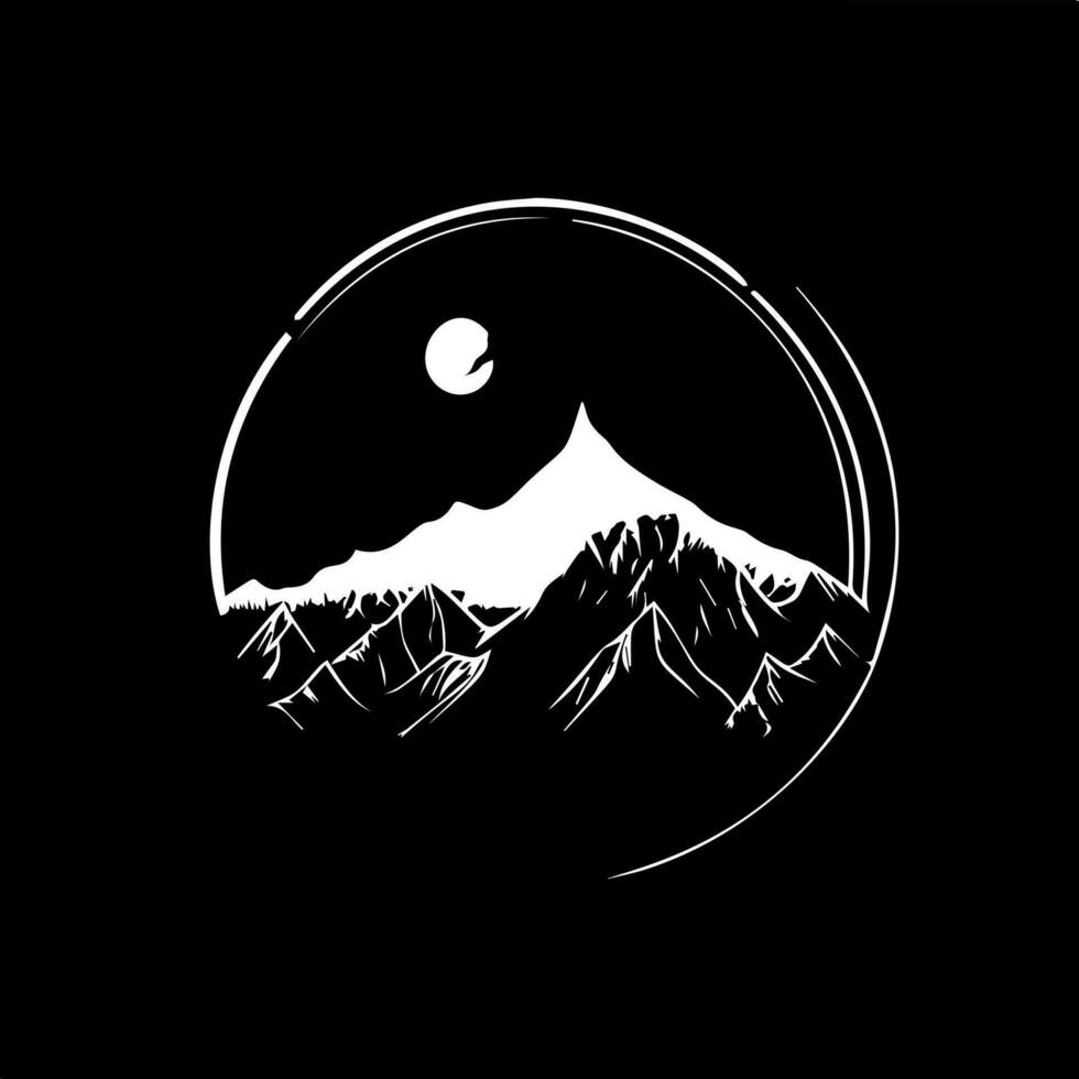 Minimalistic round logo template, white icon of mountain silhouette on black background, modern logotype concept for business identity, t-shirts print, tattoo. Vector illustration