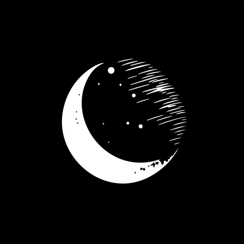 Minimalistic logo template, white icon of moon in space silhouette on black background, modern logotype concept for business identity, t-shirts print, tattoo. Vector illustration