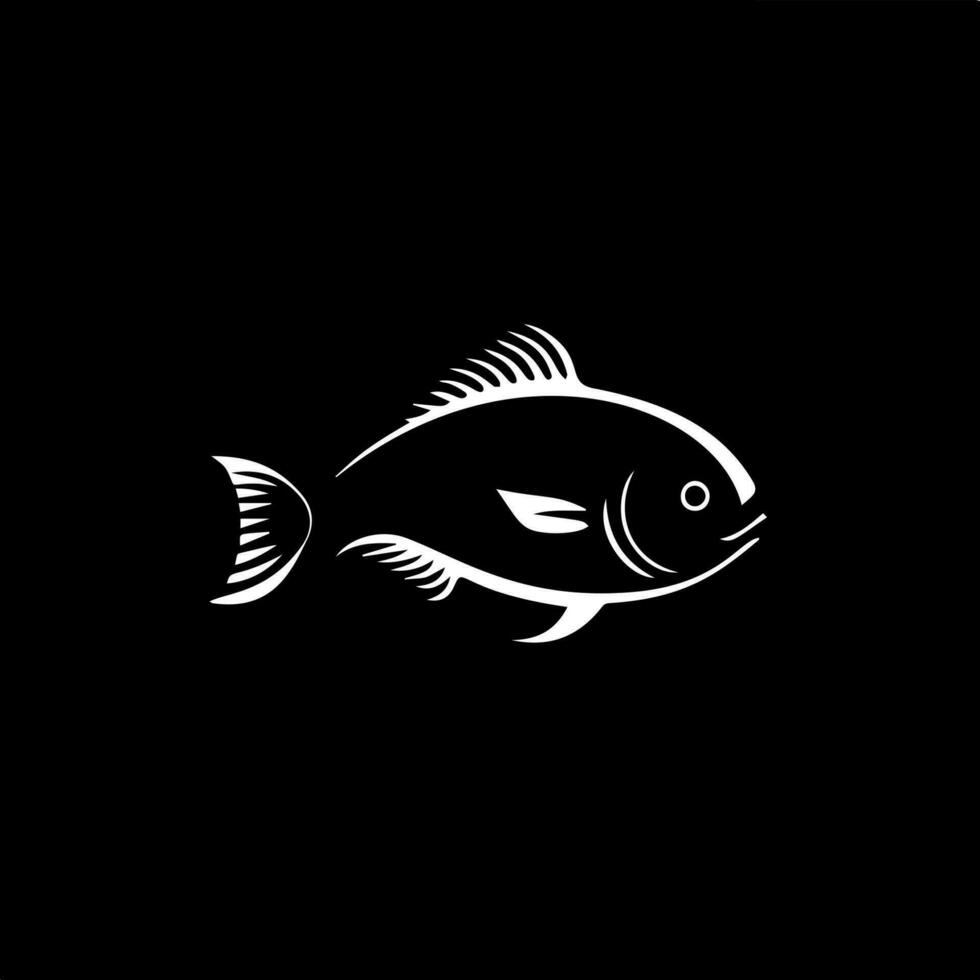 Minimalistic logo template, white icon of fish silhouette on black background, modern label of fish product, fish market, accessories for fishermen and fishing. Vector illustration