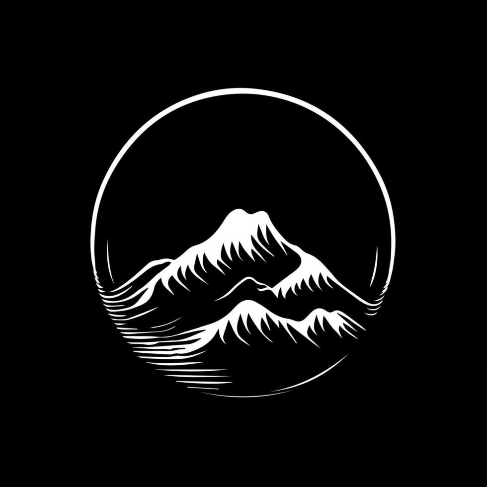 Minimalistic logo template, white icon of mountain silhouette on black background, modern logotype concept for business identity, t-shirts print, tattoo. Vector illustration