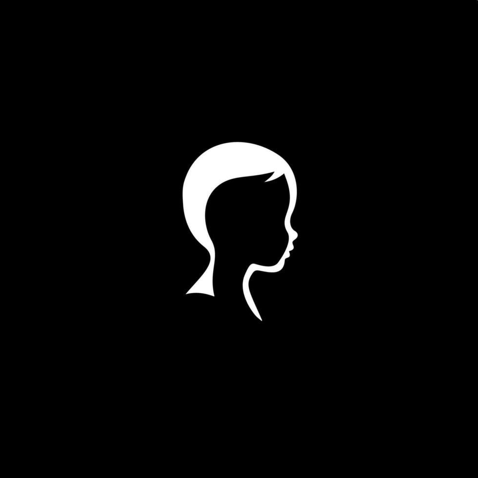 Minimalistic logo template, white icon of boy portrait silhouette on black background, modern logotype concept for business identity, t-shirts print, pictogram, tattoo. Vector illustration