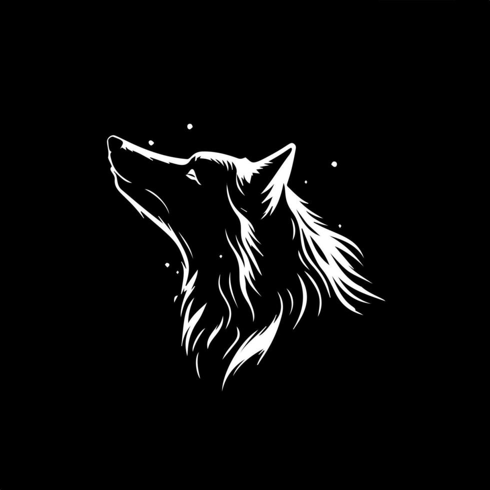 Minimalistic logo template, white icon of wolf silhouette on black background, modern logotype concept for business identity, t-shirts print, tattoo. Vector illustration