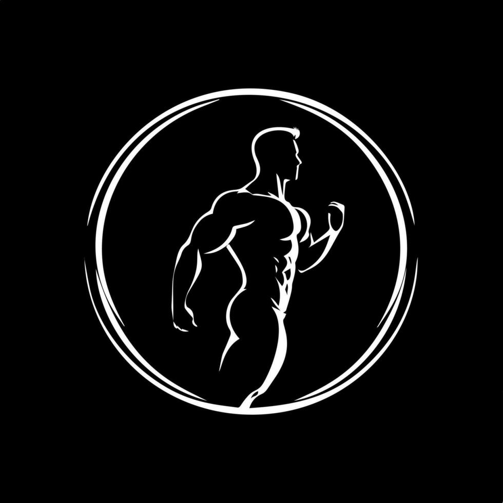 Minimalistic round logo template, white icon of gym man silhouette on black background, modern logotype concept for business identity, t-shirts print, tattoo. Vector illustration